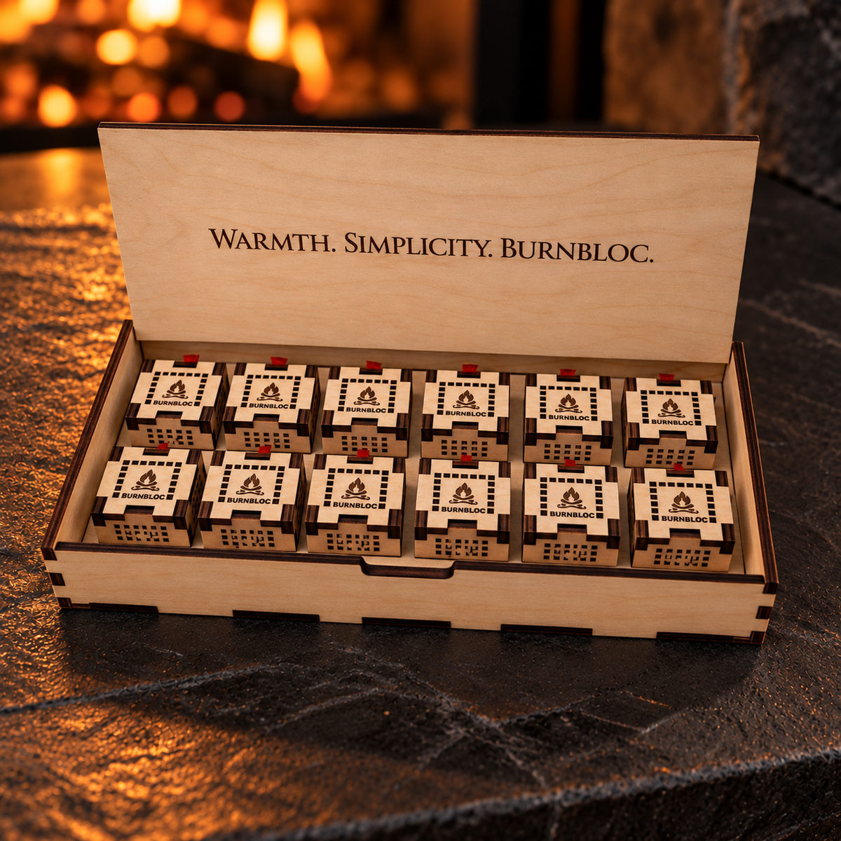 Open BurnBloc wooden presentation box with twelve engineered fire starter cubes
