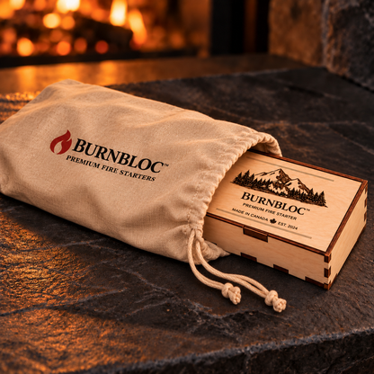 BurnBloc Premium 12-Pack wooden-box fire starter set and packaging