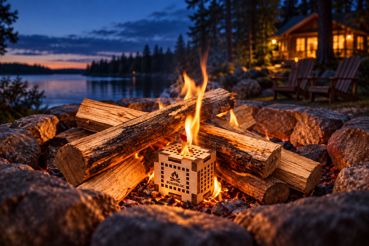 BurnBloc engineered wood fire starter in a burning fire