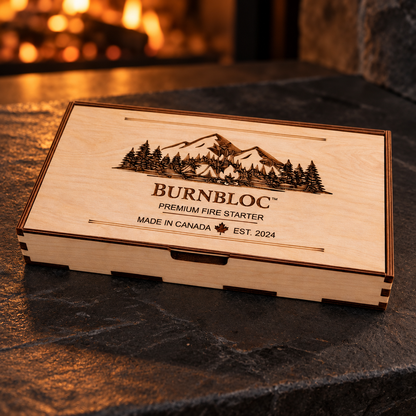 BurnBloc Premium 12-Pack fire starters with wooden presentation box