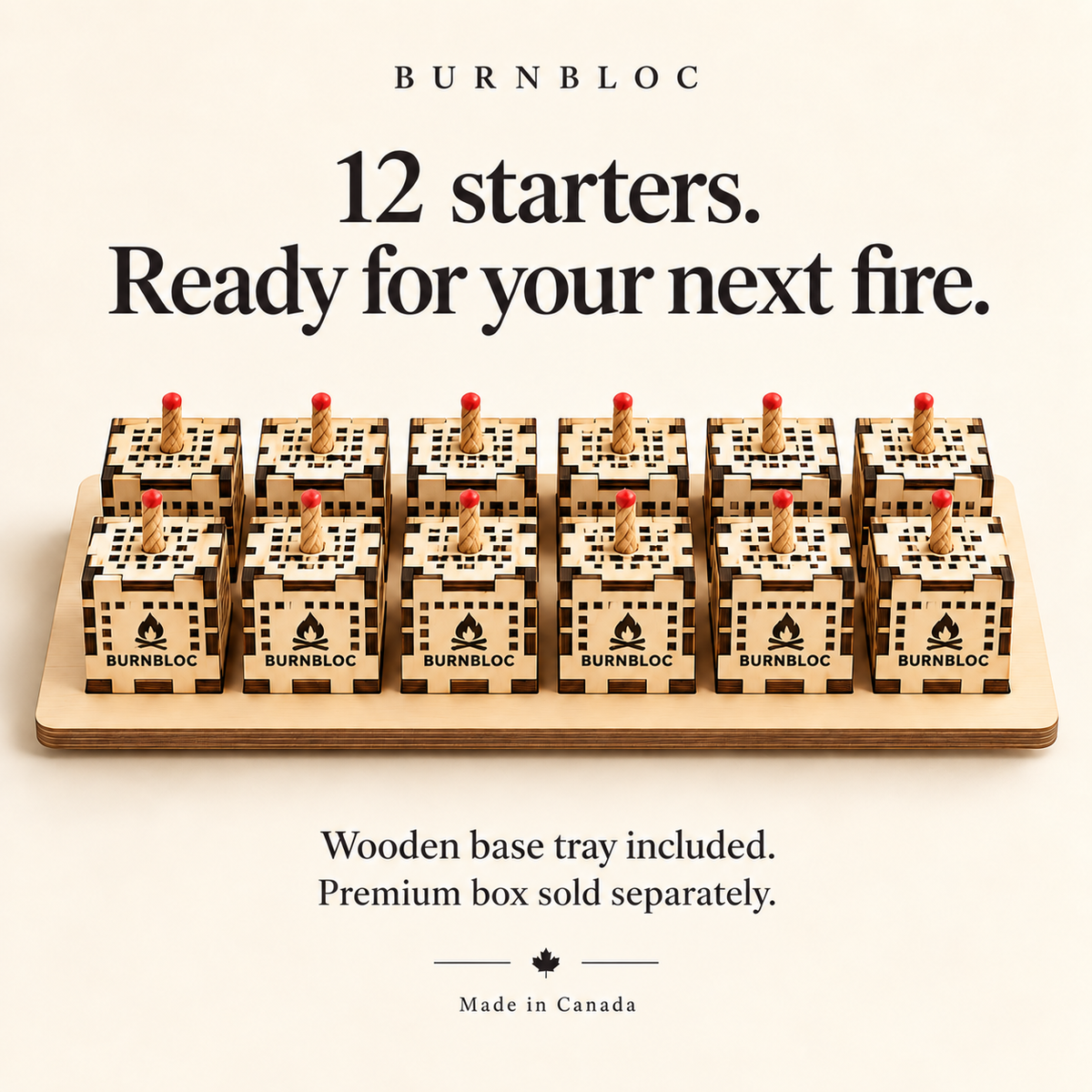 BurnBloc refill pack with twelve engineered wooden fire starter cubes