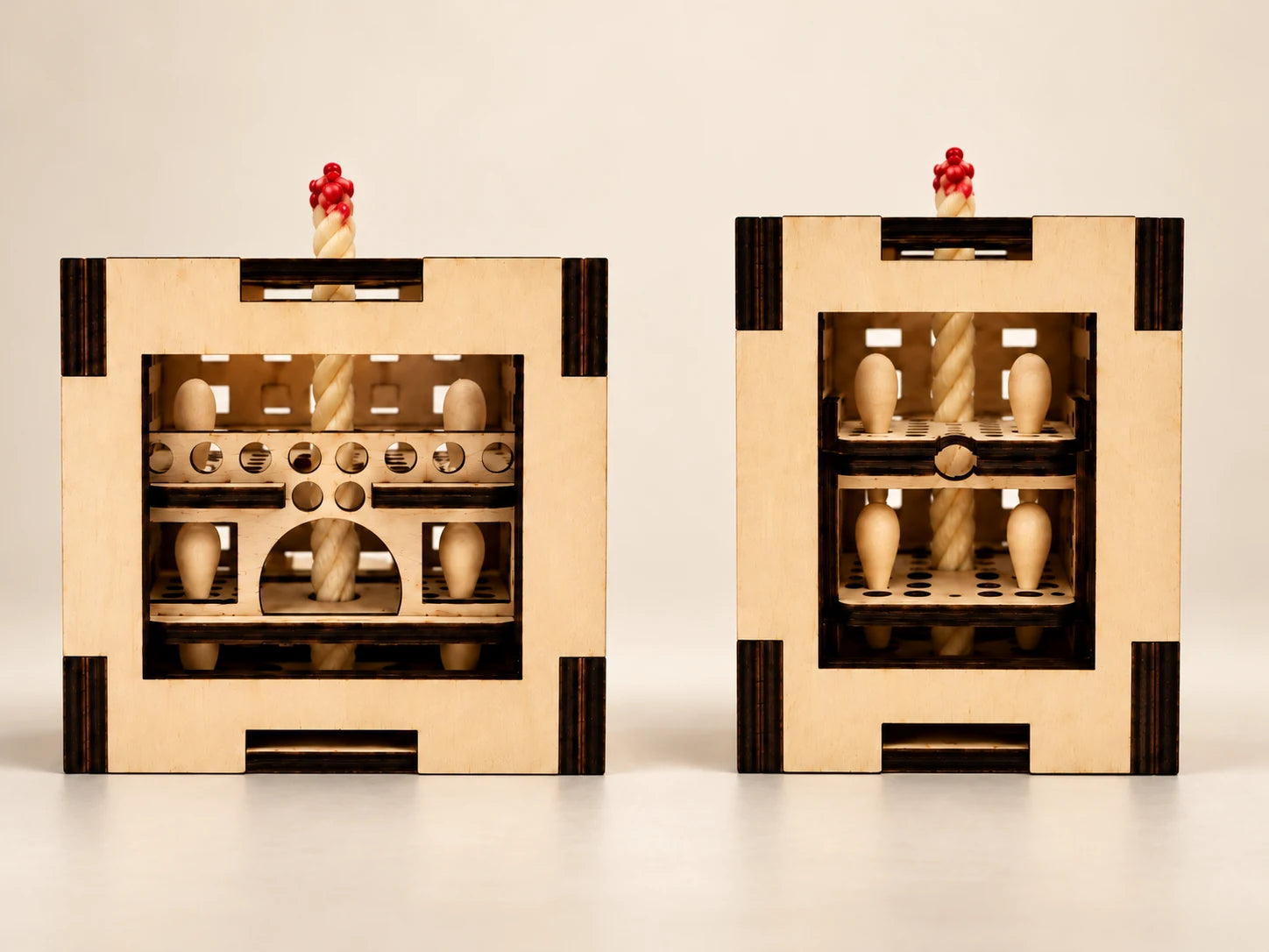 Two cutaway views showing BurnBloc internal wooden construction and central ignition wick