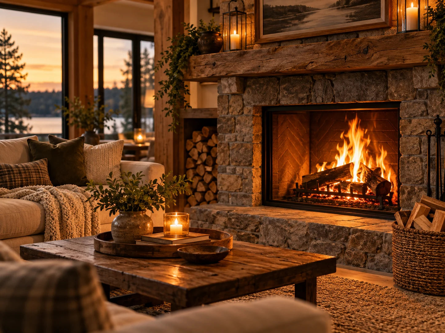 Warm stone fireplace glowing in a cozy lakeside living room at sunset
