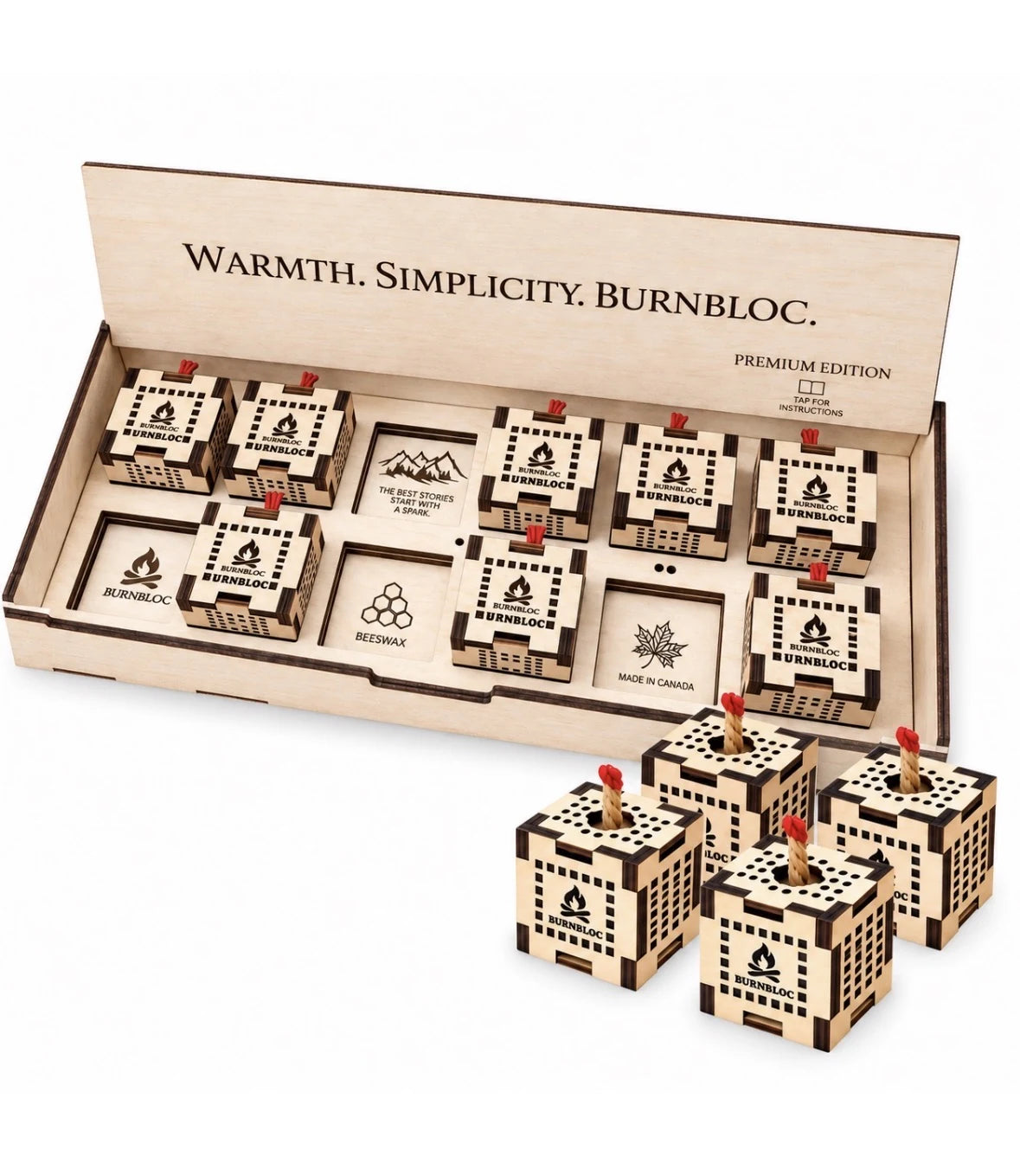 BurnBloc premium wooden presentation box and Baltic birch fire starter cubes
